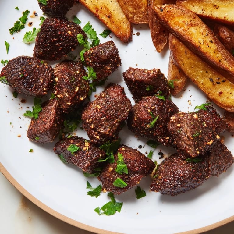 Image shows delicious Blackened Cajun steak bites with a side of golden, perfectly seasoned fries.