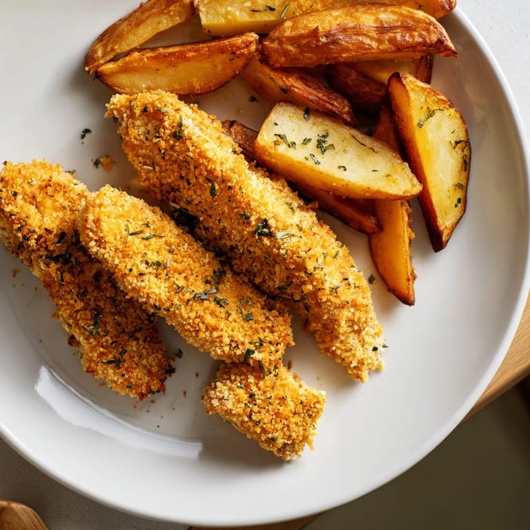Fragrant herbed chicken tenders alongside oven-baked potato wedges, perfect for sharing and easy to make.