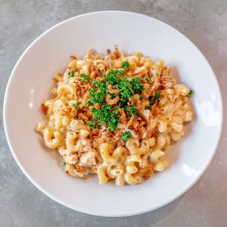 Creamy One-Pot Honey BBQ Chicken Mac and Cheese shows off tender chicken nestled in cheesy, saucy pasta.