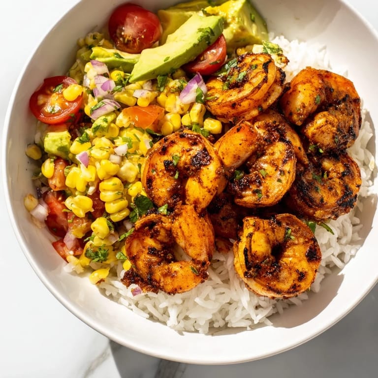 See a beautifully plated Easy Grilled Shrimp Bowl with vibrant salsa, perfect for a summer lunch.