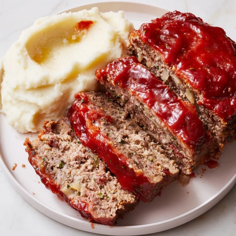 Golden-glazed Classic Meatloaf next to fluffy mashed potatoes, perfect for a cozy American meal.