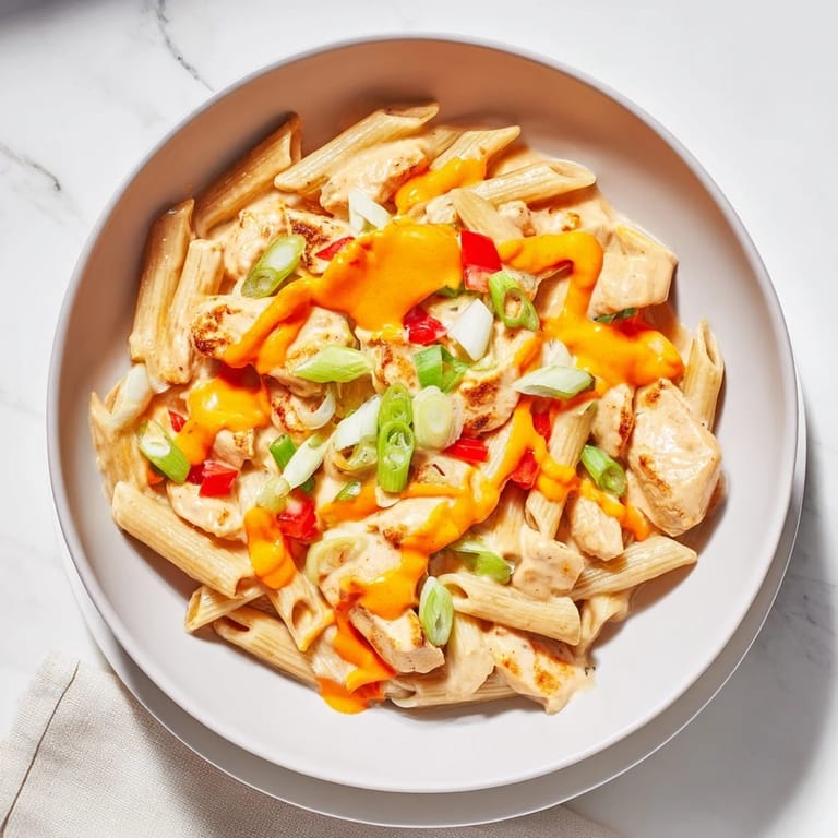 Golden-brown chicken pieces and melted cheese topping the flavorful Buffalo Chicken Pasta Skillet.