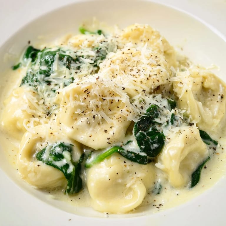Imagine this delightful Creamy Spinach Alfredo Tortellini, a satisfying vegetarian pasta meal with fresh spinach.