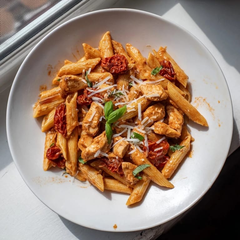This Creamy Tomato Basil Chicken Pasta showcases tender chicken pieces nestled in a vibrant, flavorful tomato sauce.