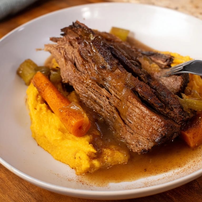 Fork-tender Classic Brisket with rich gravy, alongside a generous portion of creamy sweet potato mash.