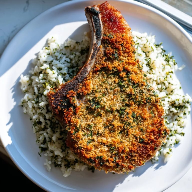 Crispy Parmesan Herb Pork Chops, with a delicious aroma, resting on a bed of seasoned rice for a tasty meal.