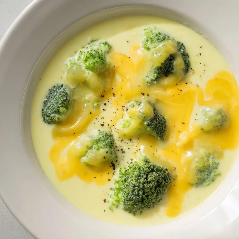 Golden cheddar melts into vibrant green Broccoli Cheese Soup; enjoy a cozy, delicious bowl.