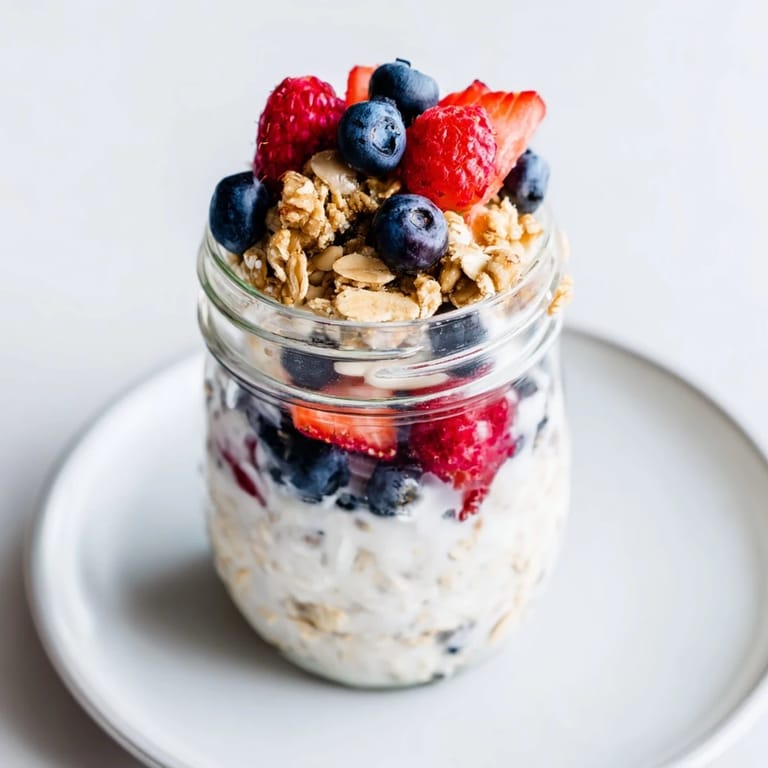 Layered Overnight Oats in Jars, a colorful make-ahead breakfast with almond butter and bananas.