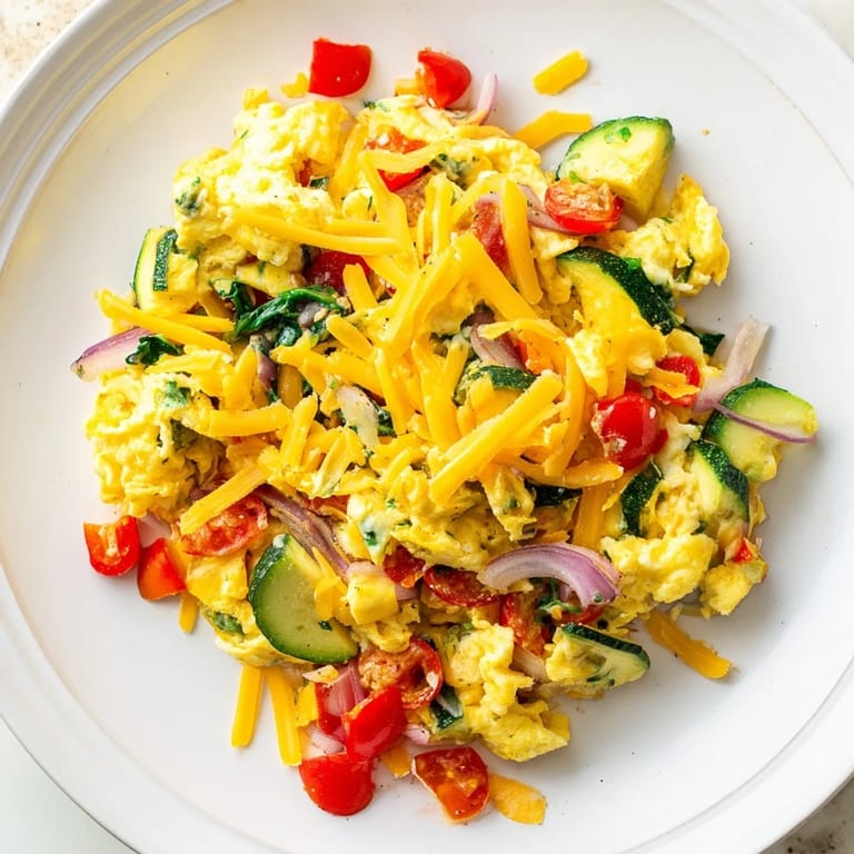 A beautifully cooked Egg & Veggie Sheet Pan Scramble, showcasing vibrant veggies and cheese, ready to eat.