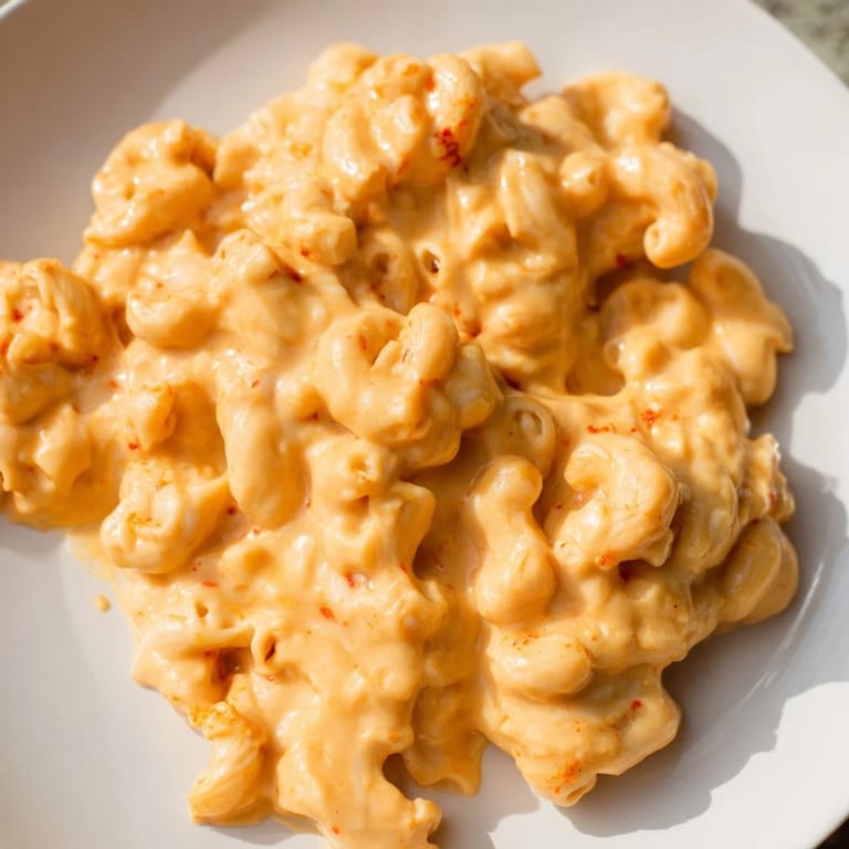 Close-up of bubbling one-pot butternut squash mac & cheese, showing the creamy, cheesy sauce and tender pasta.