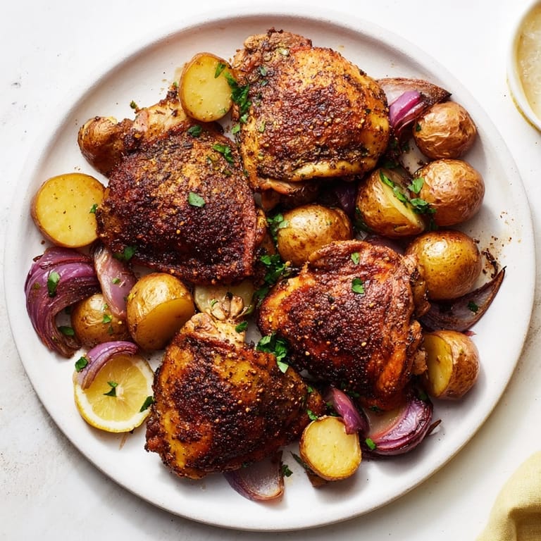 A delicious view: tender Sheet Pan Zaatar Chicken next to roasted potatoes, a simple weeknight family meal.