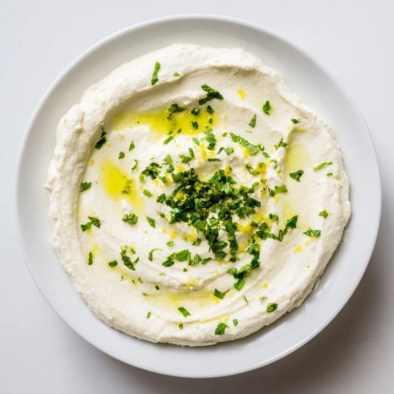A close-up of a bowl of whipped feta, garnished with fresh lemon-mint drizzle for dipping.