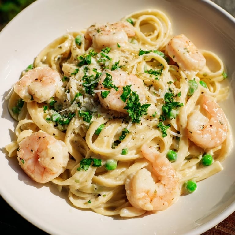 Close-up of golden Instant Pot Shrimp Alfredo Pasta, garnished with parsley, a flavorful Italian dish.