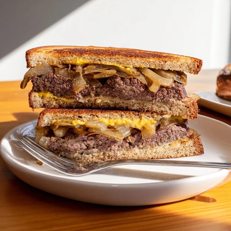 Close-up of a sizzling Patty Melt Skillet, showcasing golden-brown bread and oozing melted cheese.