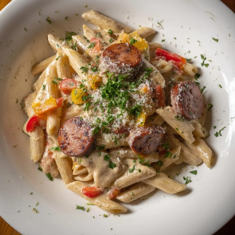 A steaming bowl of Smoked Sausage Cajun Alfredo with penne, sprinkled with fresh parsley and ready to eat.