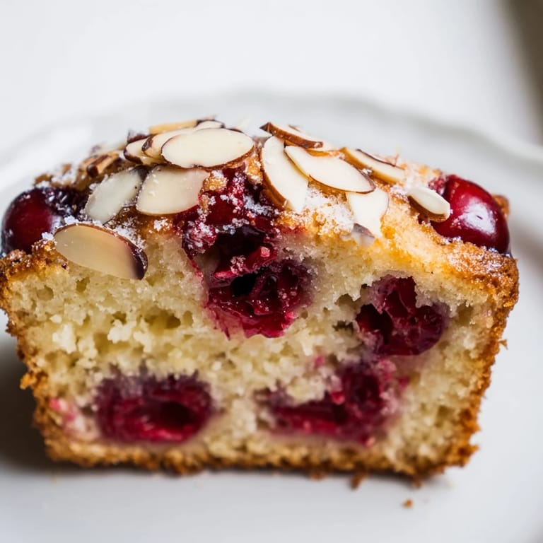 A beautifully browned Cherry Almond Loaf Cake, ready to be sliced, perfect for dessert.