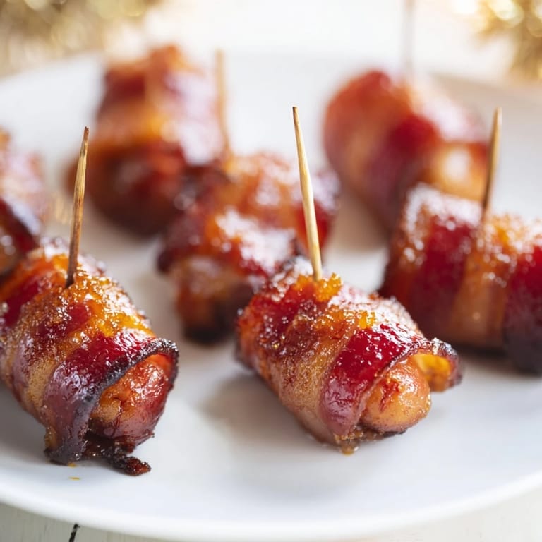 Golden-brown 3-Ingredient Bacon-Wrapped Smokies, sweet and savory, ready to serve with your favorite dipping sauce.