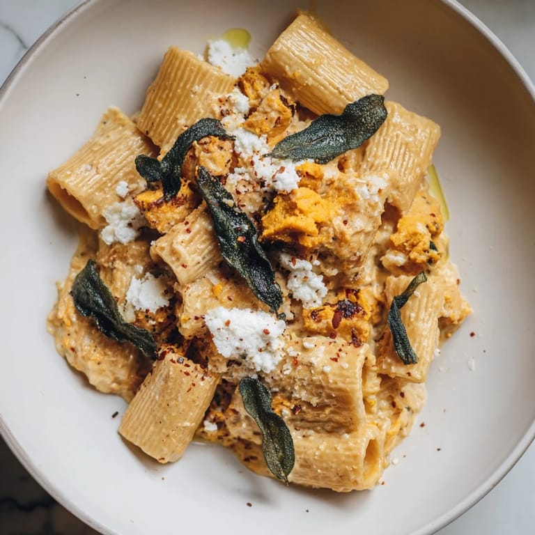 A close-up of a creamy Viral Sweet Potato Goat Cheese Sage pasta dish with crumbled cheese and herbs.