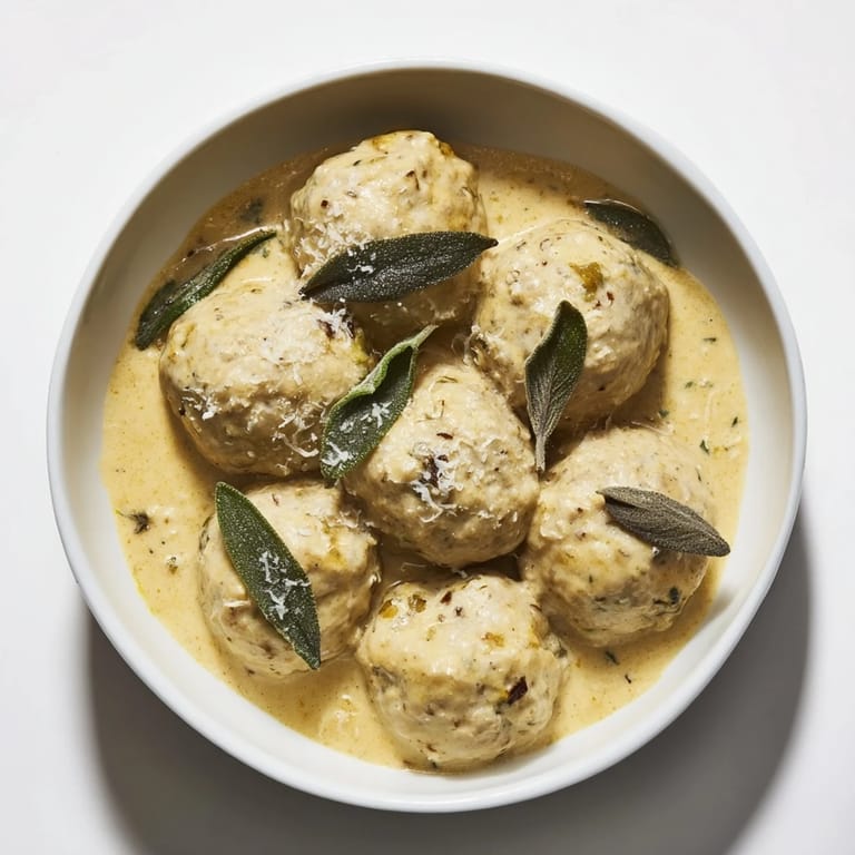 A comforting bowl of Easy Turkey Meatballs in Pumpkin Sage Sauce, showcasing tender meatballs with a rich sauce.