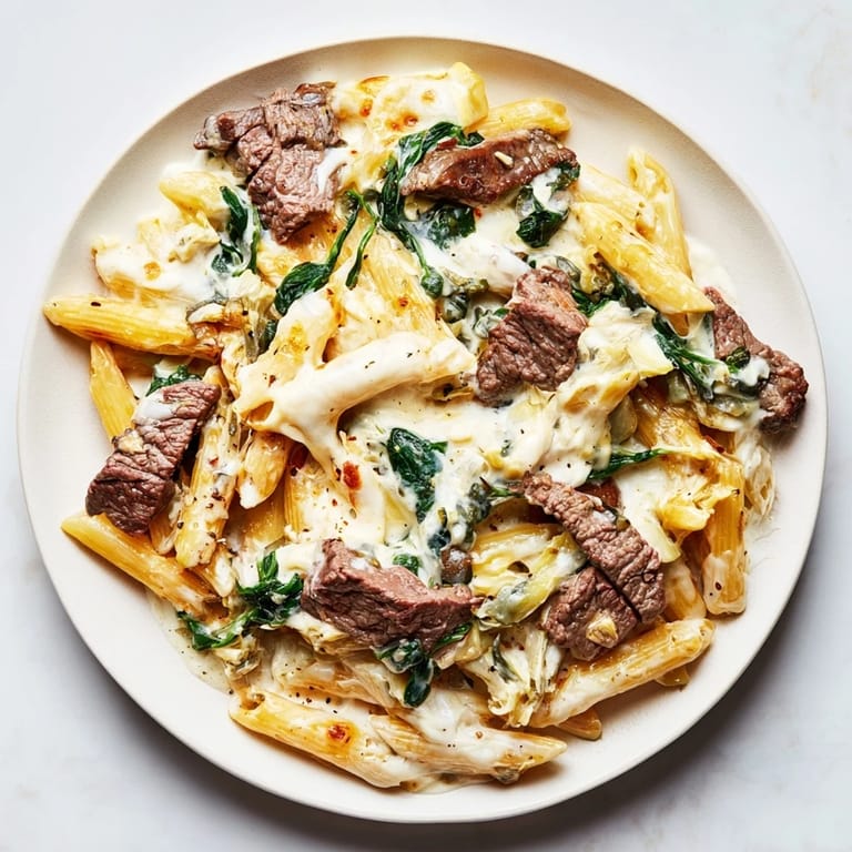 Fresh spinach and tender steak nestled in rich sauce in this irresistible Steak & Spinach Artichoke Pasta Bake.