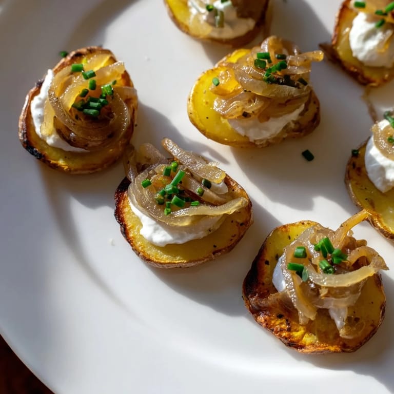 Savory Lightened French Onion Potato Bites, featuring caramelized onions atop creamy cheese and roasted potato rounds.