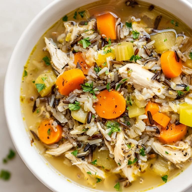 A close-up view of creamy Quick Chicken and Wild Rice Soup, showcasing tender chicken and flavorful broth.