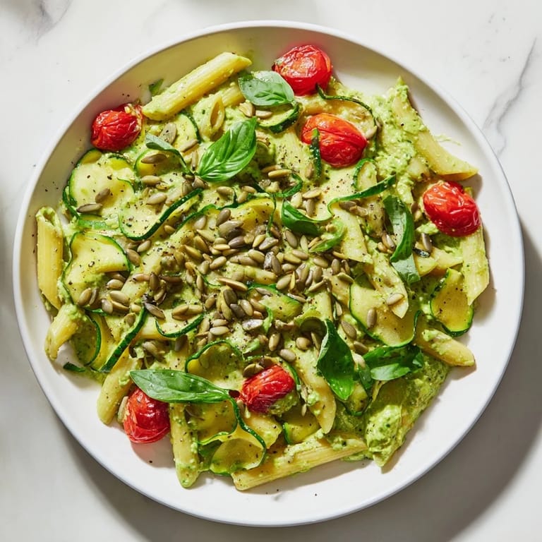 Creamy Vegan Green Goddess Pasta recipe: Blended spinach sauce coats perfectly cooked penne pasta.