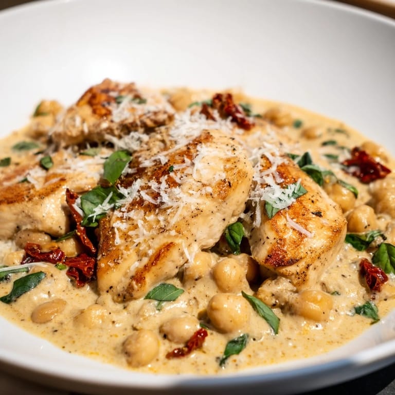 Golden-brown chicken breasts and chickpeas in a rich sauce: this high-protein Marry Me Chicken is delicious.