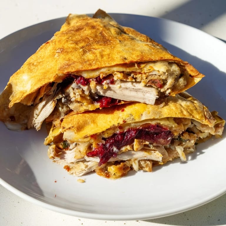 Cheesy and warm Turkey, Stuffing and Cranberry Leftovers Tortilla Wrap, showcasing a delightful holiday mashup.