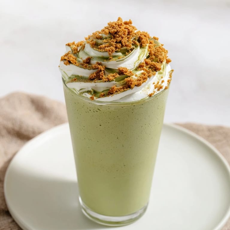 See a creamy Sugar-Free Gingerbread Cookie Matcha Frappe, perfectly garnished for a festive holiday treat.