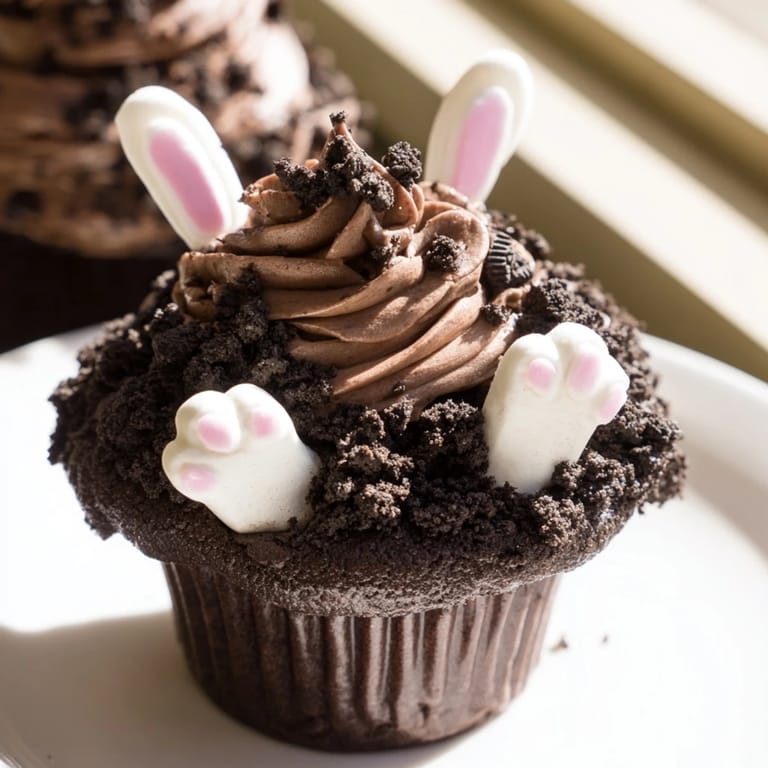 Adorable Bunny Burrow Cupcake Tray shows moist chocolate cupcakes with fondant bunny feet and Oreo "soil."