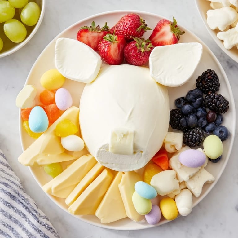 Colorful Bunny Ears Easter Board features a goat cheese bunny nose, surrounded by fresh berries and crackers.