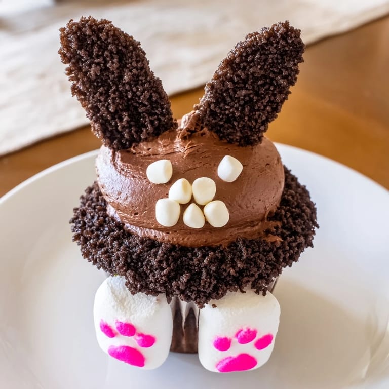 Whimsical Bunny Burrow Cupcake Tray, with soft buttercream frosting and chocolate crumb "soil" around bunny bottoms.