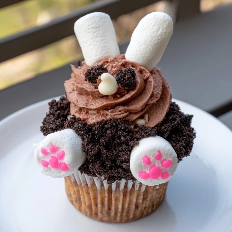 Festive Bunny Burrow Cupcake Tray shows cupcakes decorated as bunnies in chocolate soil, perfect for spring.