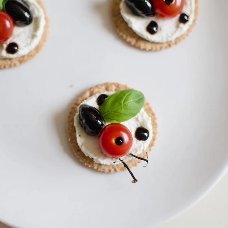 Enjoy the delicious Ladybug Love Picnic Finger Foods, perfect for kids, with basil and cream cheese crackers.
