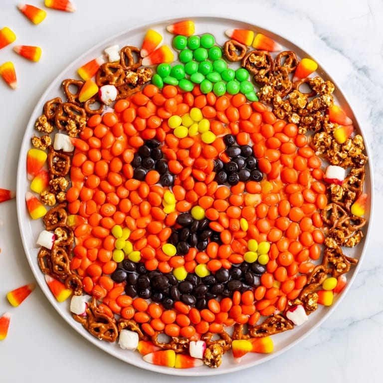 This Jack-o-Lantern candy board displays an assortment of candies, perfect for a party snack.
