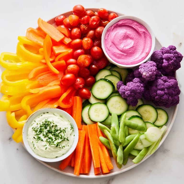 A colorful assortment of fresh veggies, ready to dip into the beet hummus, making these Rainbow Vegetable Dips perfect.
