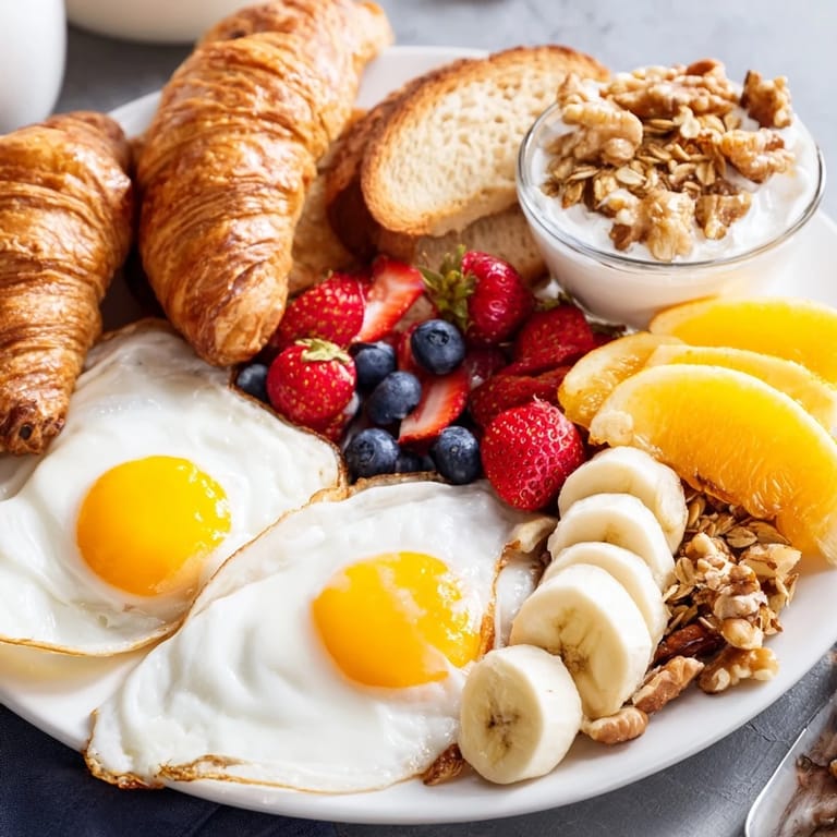 Beautiful Soleil Matinal breakfast platter arranged with fresh fruit, yogurt parfaits, and toasted bread ready to eat.