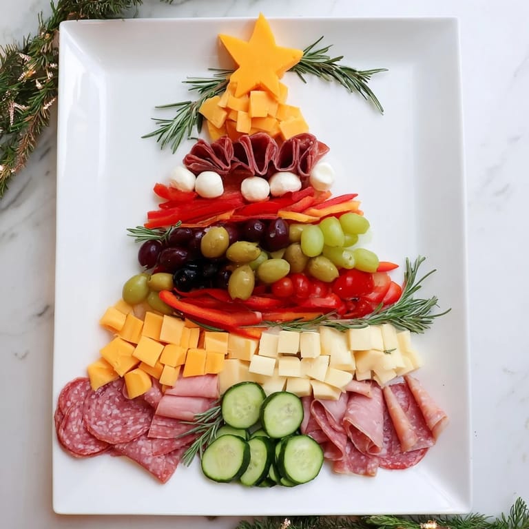 Festive Christmas Tree Charcuterie Board featuring salami, cheese, grapes, and crackers, perfect for easy holiday entertaining.