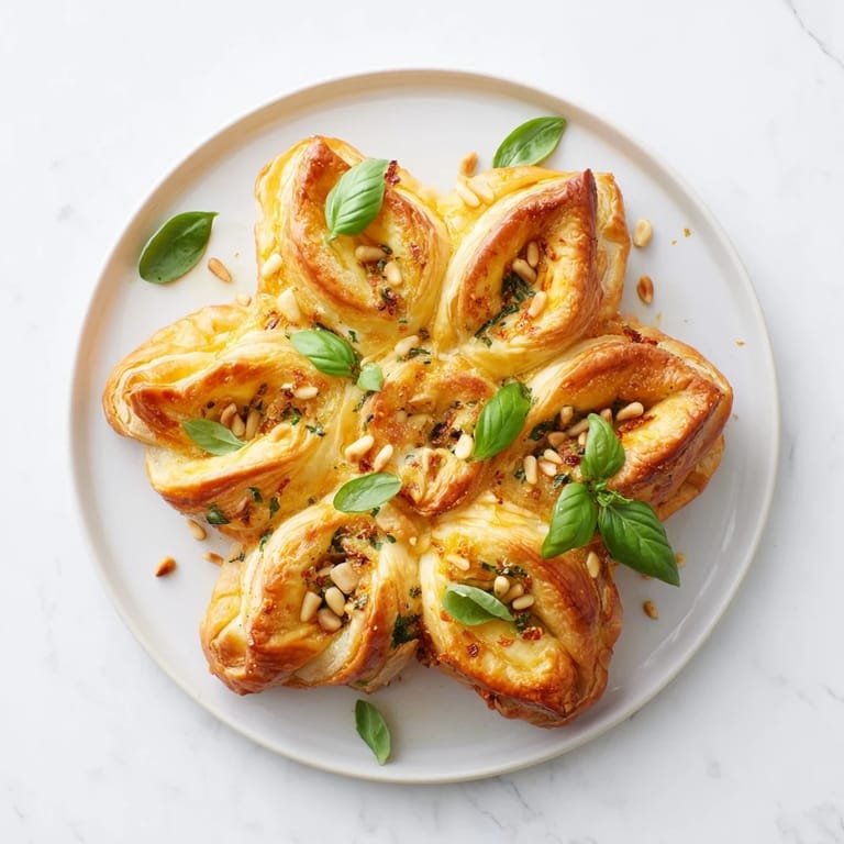 Festive, flaky Poinsettia Puff Pastry Appetizer, topped with sun-dried tomatoes—a delicious vegetarian appetizer.