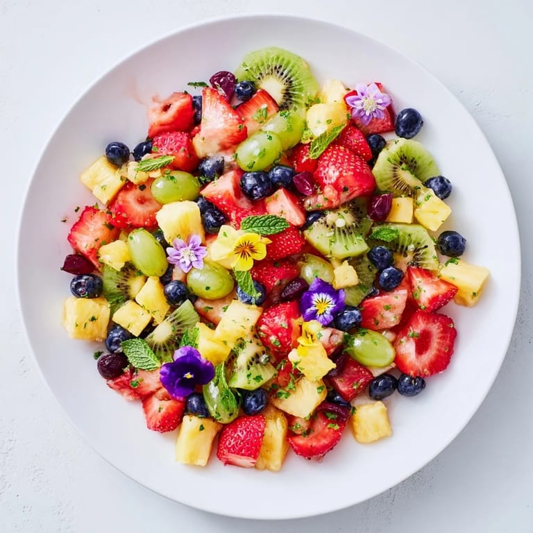 Cool, refreshing Festive Bow Fruit Medley, layered on a platter, garnished with mint and edible flowers.