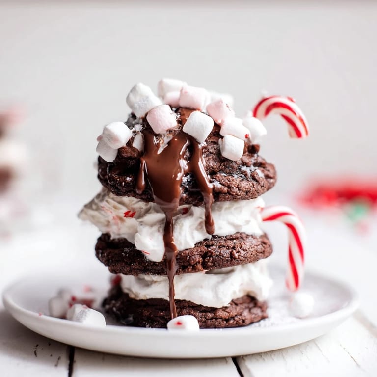 Stacked Hot Cocoa Mug Cookie creations: chocolate cookies layered with creamy marshmallow frosting, perfect for dessert.