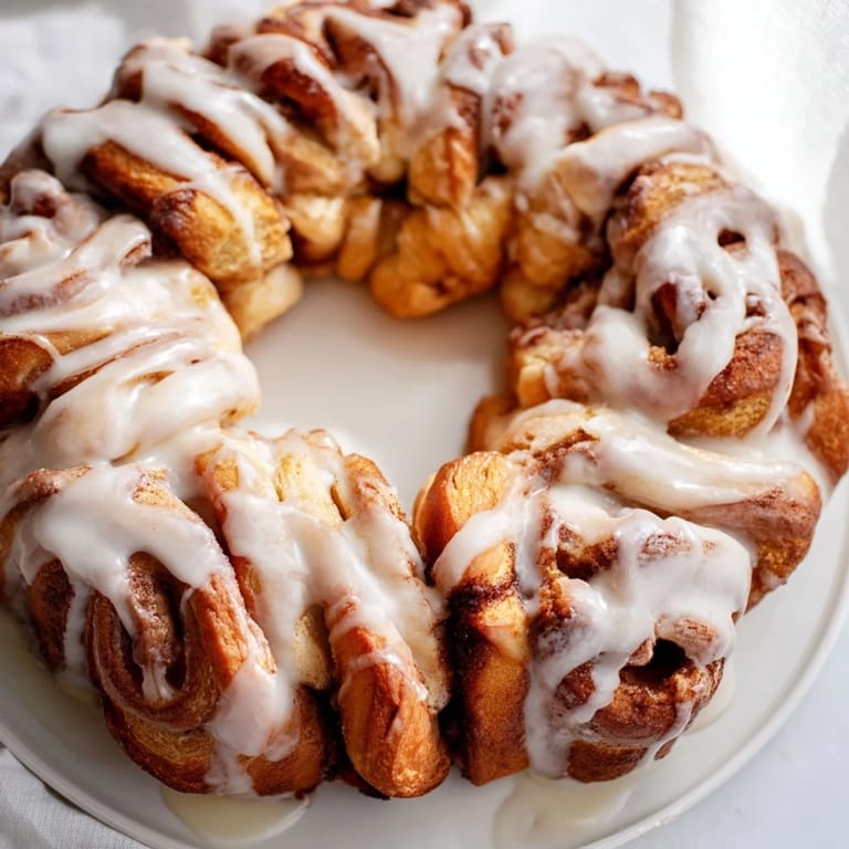 A close-up of a warm, inviting cinnamon roll wreath with a glistening vanilla glaze, ready to eat.