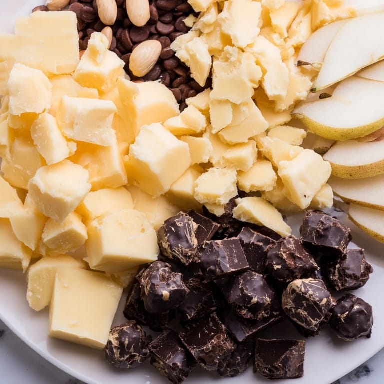 A cozy Fireside Comfort & Cocoa spread shows an assortment of cheeses, baguette slices, and chocolate treats.