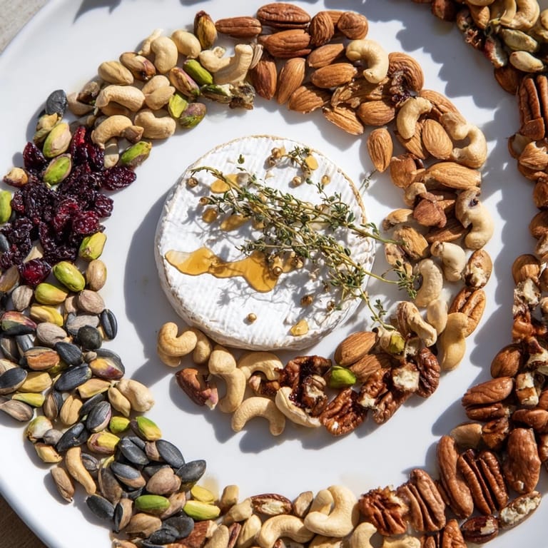 This vibrant photo shows "The Labyrinth" appetizer with various nuts and seeds, ready to serve.