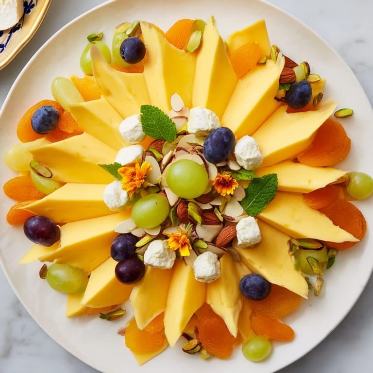 A visually stunning Daffodil Cheese Board, brimming with creamy cheeses and fresh fruits, perfect for sharing.