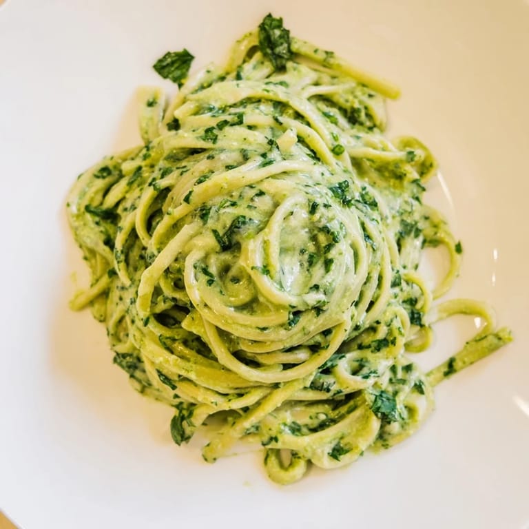 Freshly made Green Goddess Pasta Sauce boasts bright green color with a swirl of herbs; a flavorful pasta dish.