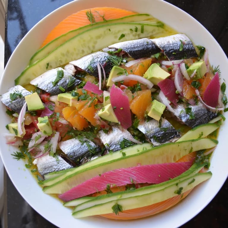 A close-up view of the prepared Cucumber and Tinned Fish Date Night Salad, ready for enjoying.