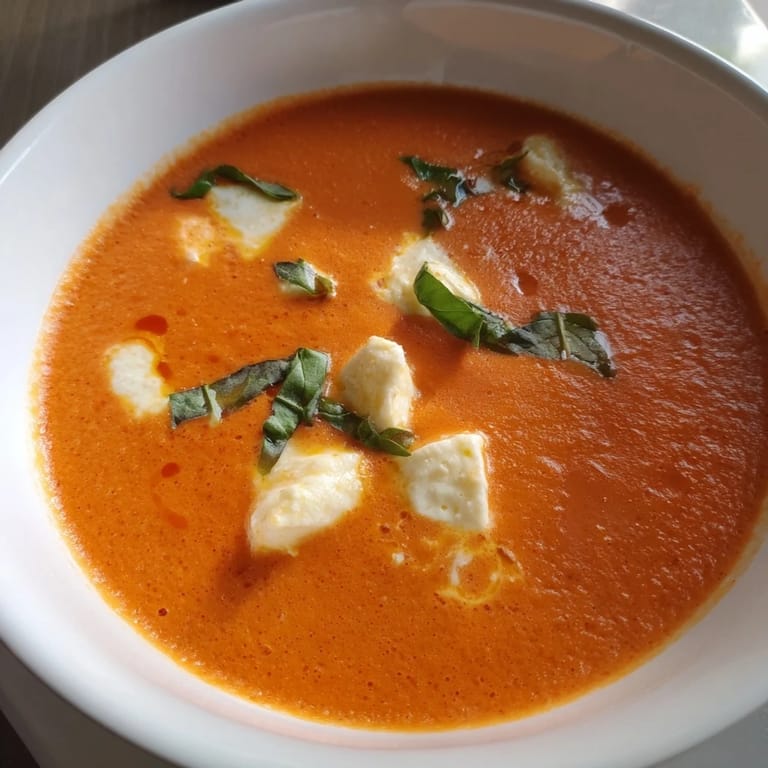 Bright red creamy tomato mozzarella soup, served in a bowl, a classic Italian comfort food option.
