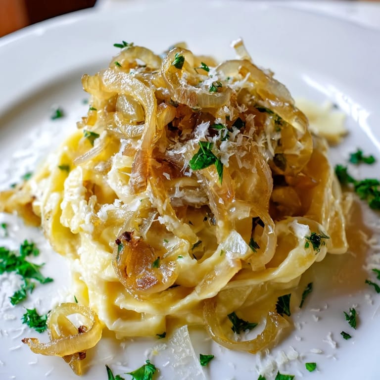 A warm bowl of One-Pot French Onion Pasta, a comforting vegetarian meal with melted Gruyère.